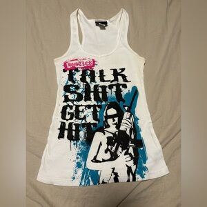 Hustler Hollywood White Racerback Tank with Teal & Black Graphic